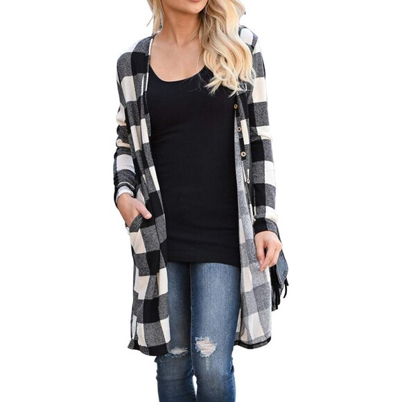 Women's Buffalo Plaid Open Front Cardigan Knit Long Sleeve V Neck - Picture 1 of 5